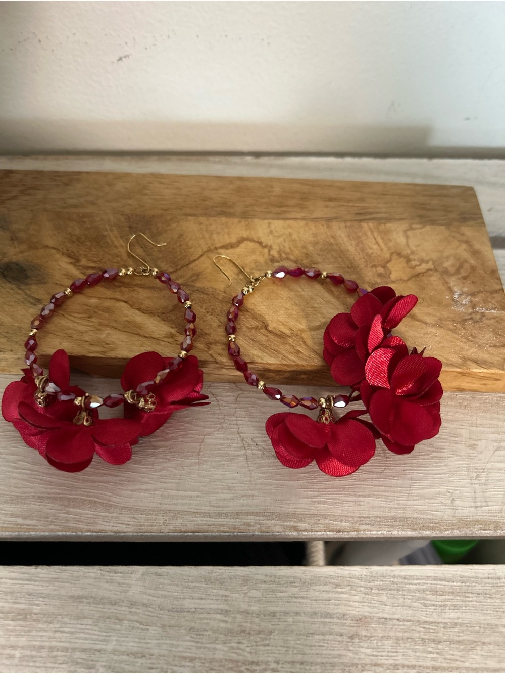 Red Floral Hoop Earrings - Women Accessories